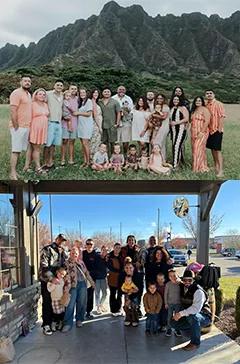 Two group photos of the 808 Customs ohana: one in front of green Hawaiian mountains, one gathered outside on a sunny day